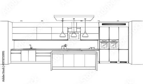 Modern kitchen room blueprint vector with linear furniture layout and island in clean architectural line drawing style