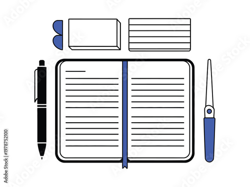 Notebook lies open on a table alongside a pen and various stationery items for daily planning.