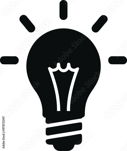 Simple black and white icon of a light bulb with rays
