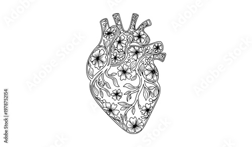 Floral heart contour vector illustration with botanical line art in abstract anatomical inspired minimalist style