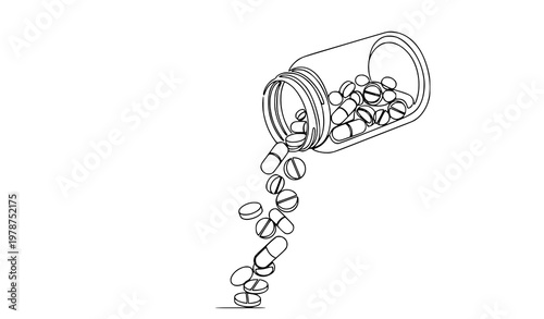 Medicine jar with pouring pills one continuous line vector drawing in minimalist contour style