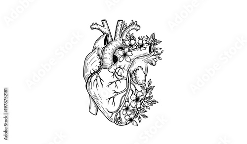 Half anatomical heart half floral vector line drawing with minimalist medical and botanical fusion design