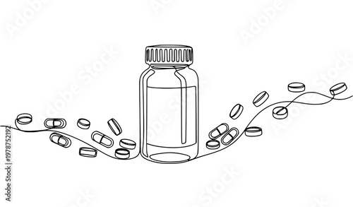 Continuous line medicine bottle and scattered pills vector illustration in modern minimalist healthcare style