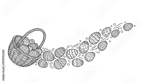 Easter basket with spilling eggs vector line drawing in decorative minimalist contour style