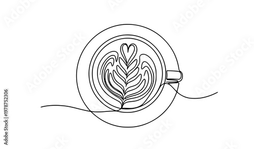 Top view latte cup one line vector drawing with swirl art in modern minimalist coffee illustration