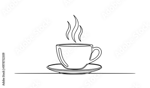 Coffee cup one continuous line drawing vector with steam in minimalist latte contour style