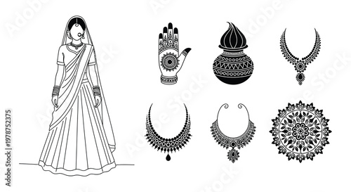 Indian woman in traditional dress with ornate jewelry and decorative elements
