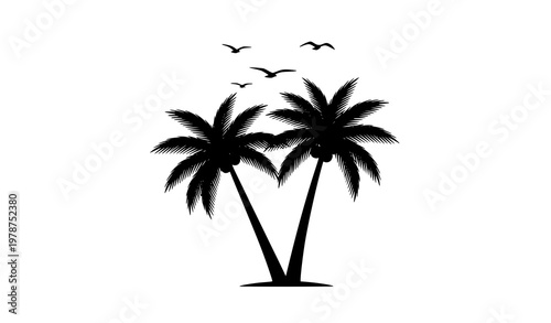 Coconut palm trees with flying seagulls silhouette vector in simple tropical tourism design