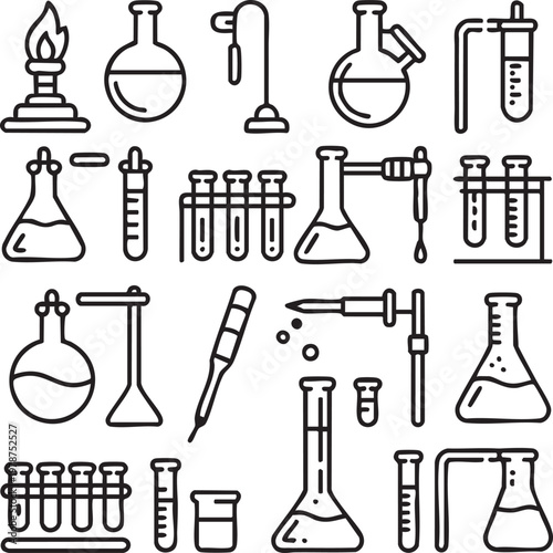 Laboratory equipment vector graphic illustration with various science tools and glassware for chemistry experiments and research