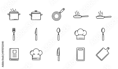Cooking line icons set vector with kitchen utensils and food preparation symbols in minimalist outline style