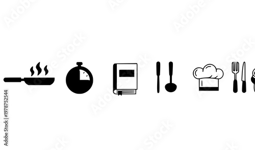 Kitchen cooking icons vector in modern line style with frying pan boiling time and utensils for UI design