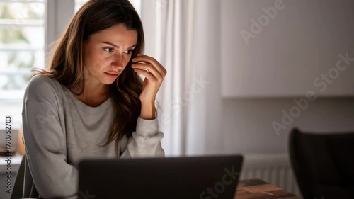 Young woman sitting at table looking stressed while working on laptop in home office during the afternoon