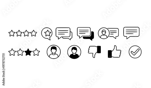 Social media feedback and rating icons vector in modern line style with stars and user testimonials