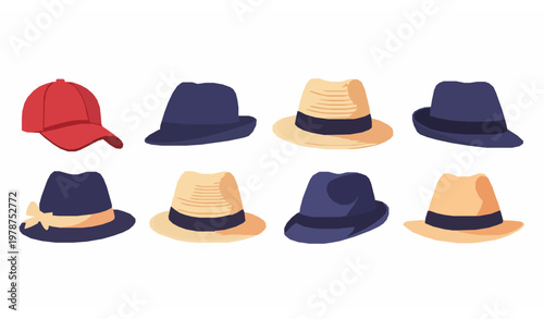 Flat vector fashion hats set with male and female headwear including baseball and panama hats