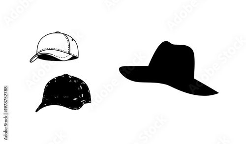 Fashion headwear icons vector set with male baseball cap and female panama hat in minimalist flat style