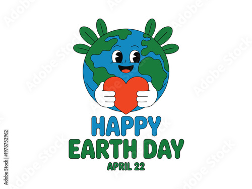 Earth character holding a red heart celebrates the annual environmental awareness holiday event.
