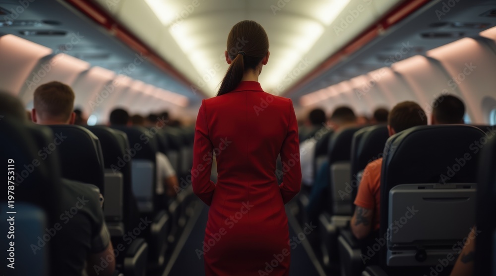 Fototapeta premium Vacation travel trip journey in holiday season. A woman in a red flight attendants uniform standing in the aisle of an airplane, surrounded by passengers seated in chairs. 
