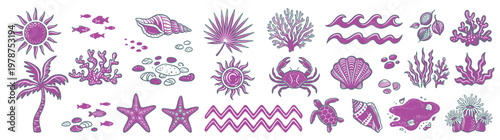 Set of purple summer beach and marine life vector icons with coral sea turtle shell starfish palm tree and sun isolated on white background perfect for tropical vacation graphic design