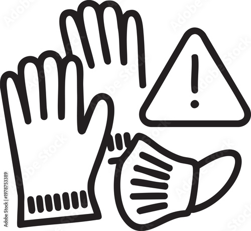 Vector graphic illustration of protective gear including gloves and a mask with a warning sign indicating safety precautions and hazard alert