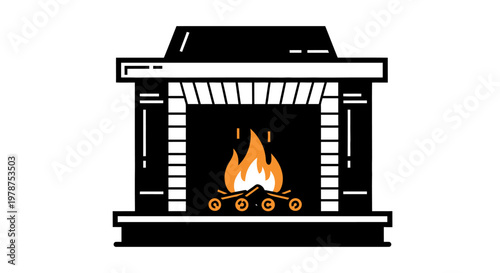 A black and white illustration of a fireplace with a fire burning inside.