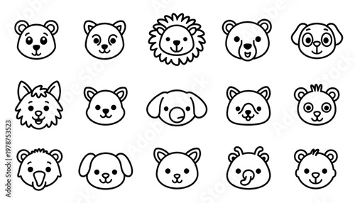 Animal Faces Coloring Page Icons – Minimal Silhouette Wildlife Grid Set