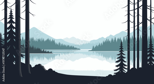 Tranquil lake scene vector illustration of forest mountains and reflection