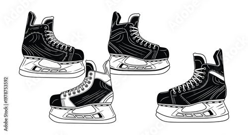 Black and white illustration of three ice hockey skates in different views
