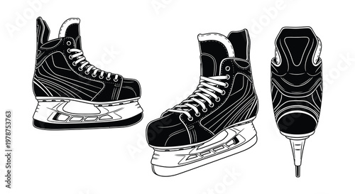 Black and white illustration of three ice hockey skates in different views