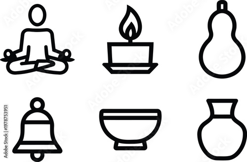 Zen meditation line icon set, 6 black outline wellness symbols, yoga and mindfulness vector elements for spa and relaxation branding