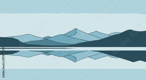 Tranquil landscape illustration of mountains and lake with reflection