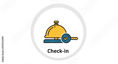 A vector graphic icon of a hotel check-in symbol with a bell and key