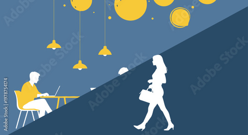 A stylized illustration depicts people in a split composition highlighting work and personal life balance