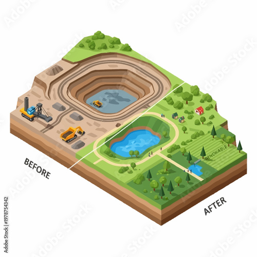 Before and After Mining Site Restoration Illustration.