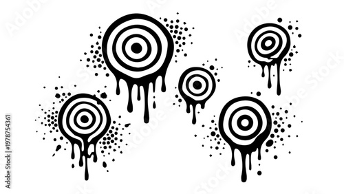 Collection of black targets with ink splatters and drips white background bullseye splatter abstract