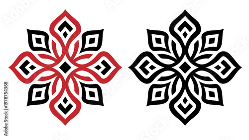 Red and black abstract symmetrical floral ornaments side by side with white background, graphic element