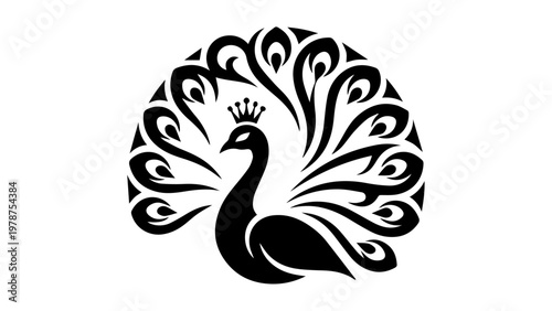 Stylized black silhouette of a peacock with an elaborate crown and fanned tail feathers white background silhouette ornamental