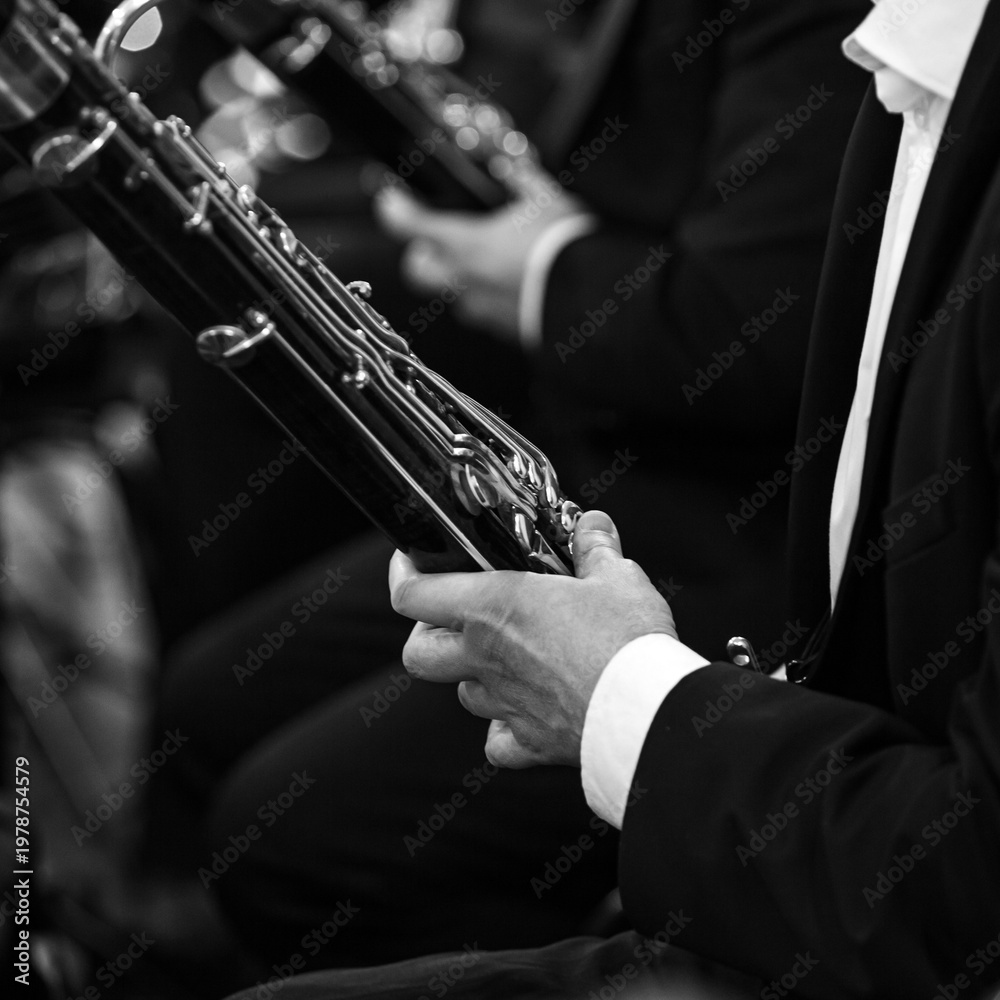 Obraz premium Hands of a musician playing the bassoon in an orchestra in black and white