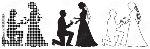 Romantic proposal silhouette of a man kneeling to offer a ring to his bride.
