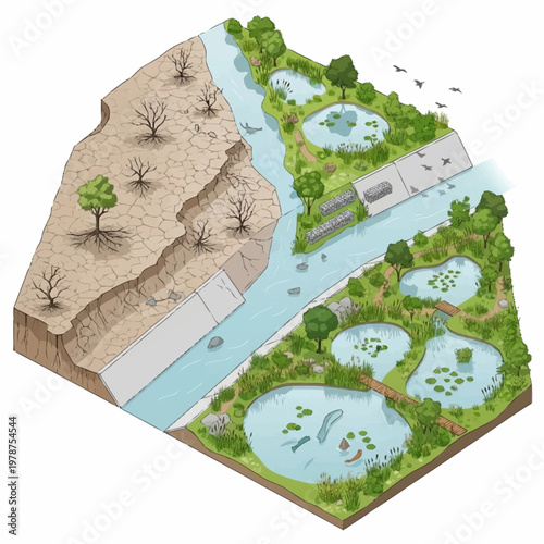 Ecological restoration of a degraded river system with wetlands.