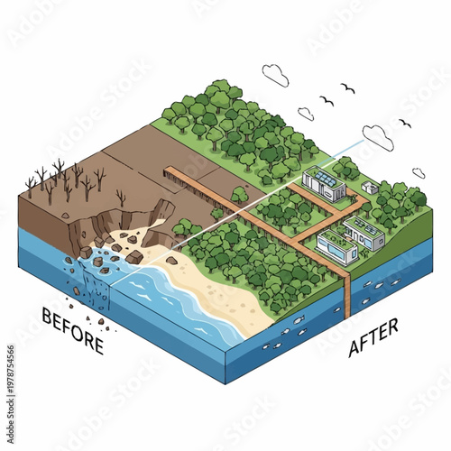 Environmental restoration and conservation illustration showing before and after comparison.