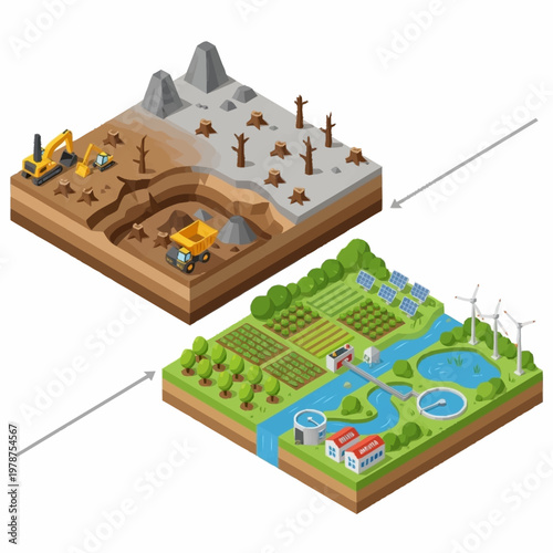 Environmental transformation from deforestation to sustainable agriculture.