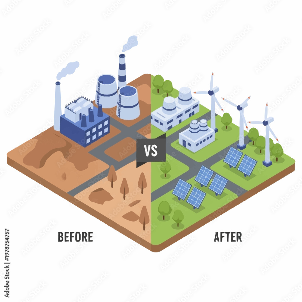 Naklejka premium Industrial Pollution Versus Clean Energy Production Comparison.