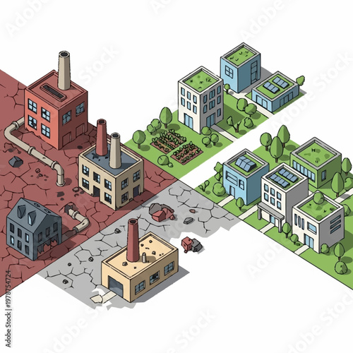 Industrial pollution contrasted with green urban development.