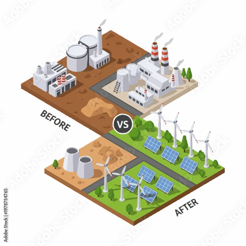 Industrial pollution versus clean energy transformation illustration.