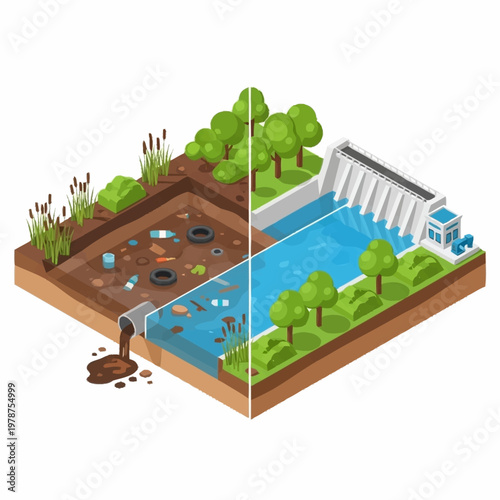 Polluted river transformed into clean water reservoir by dam.