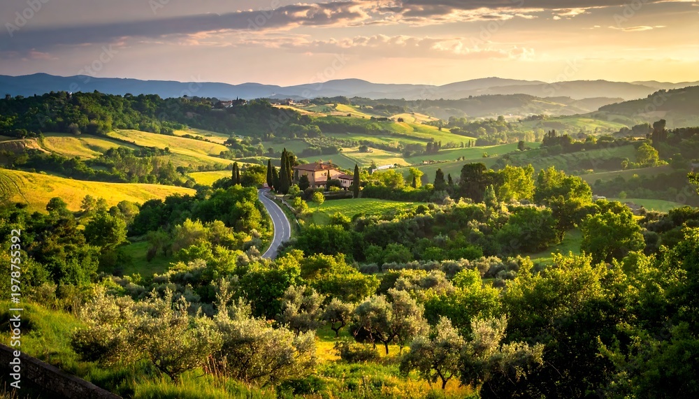 Obraz premium Scenic Tuscan Landscape - Rolling Hills and Golden Sunlight.
