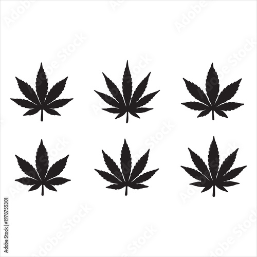 Six black cannabis leaves on a white background
