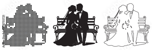 Romantic couple on park bench, celebrating wedding day with silhouette designs