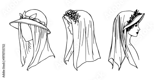 Victorian mourning hat set with hand‑inked line art and long veil featuring Victorian fashion, mourning headwear, line drawing with elegance and historical style