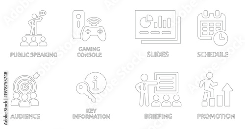 Business and Presentation Public Speaking, Gaming, Slides, Schedule, Audience, Key Info, Briefing, Promotion